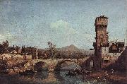 Bernardo Bellotto, Capriccio Veneto, Flub, Brucke und mittelalterliches Stadttor